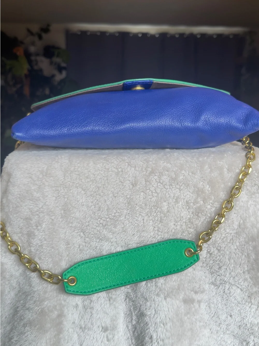 J.Crew Invitation Pebbled Leather Colorblock Envelope Clutch Chain Bag Blue Gree